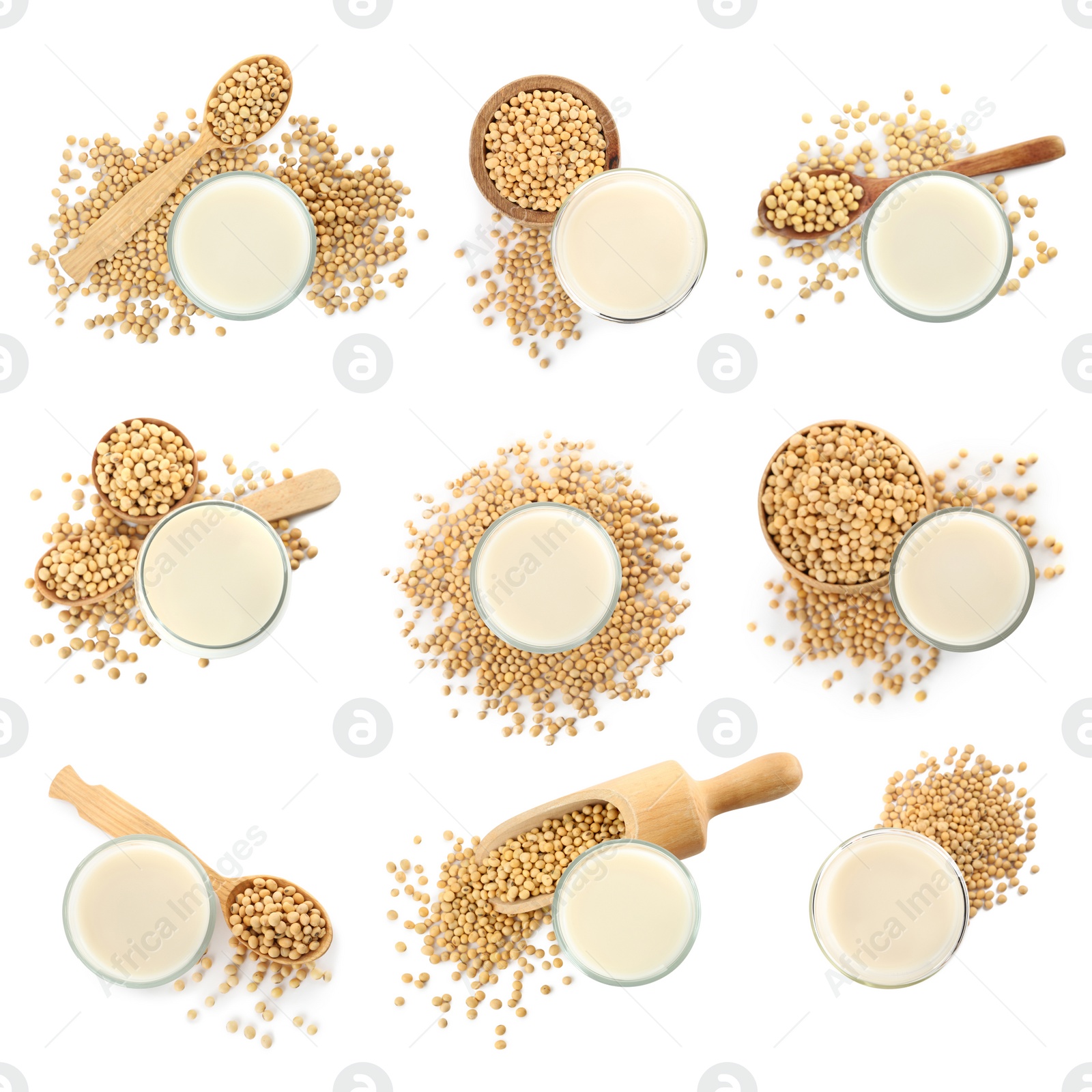Image of Set with natural soy milk and beans on white background, top view