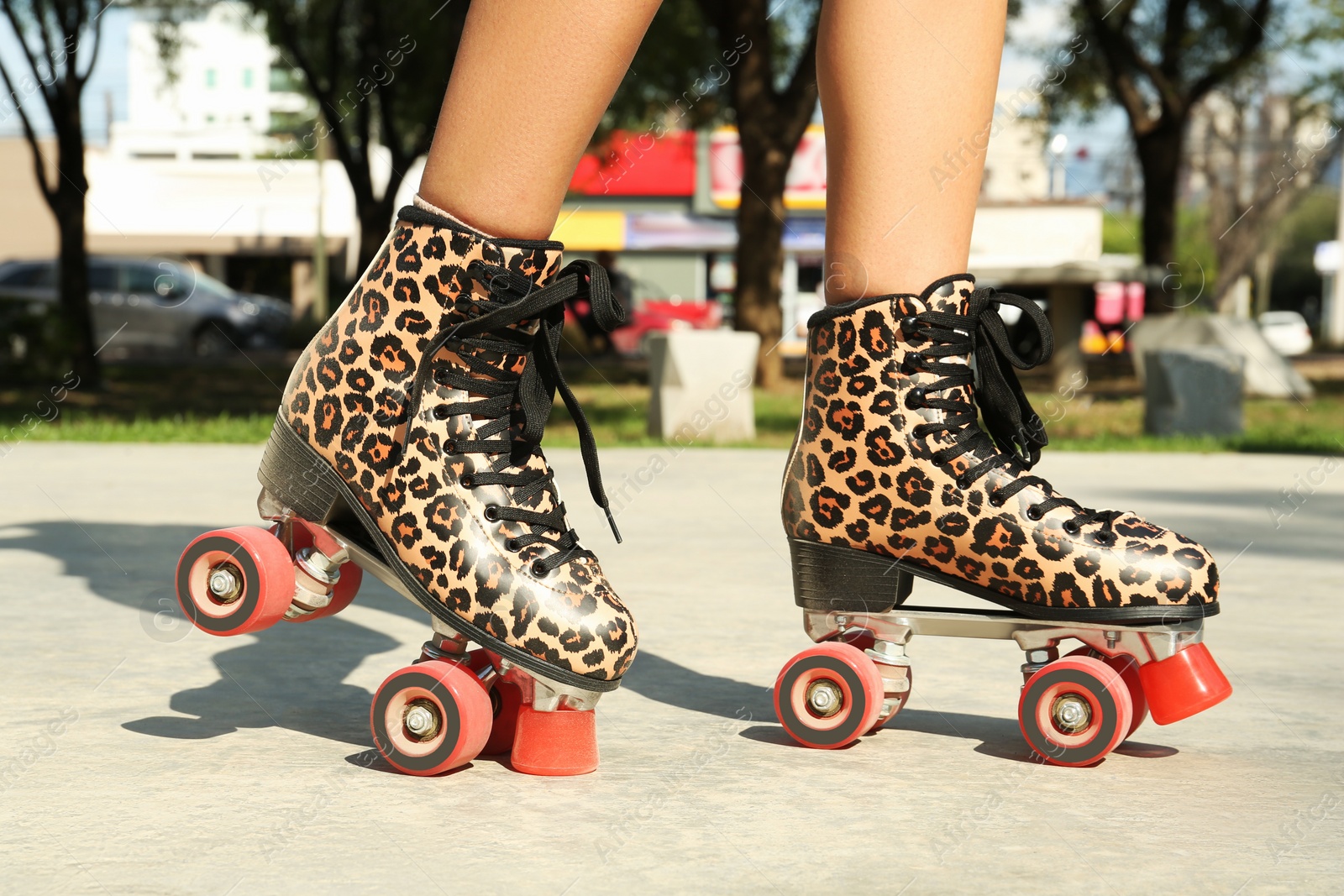 Photo of Woman in stylish roller skates outdoors, closeup