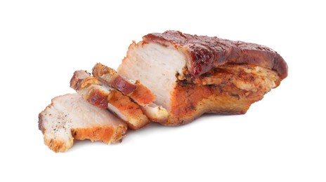 Photo of Pieces of tasty baked pork belly isolated on white