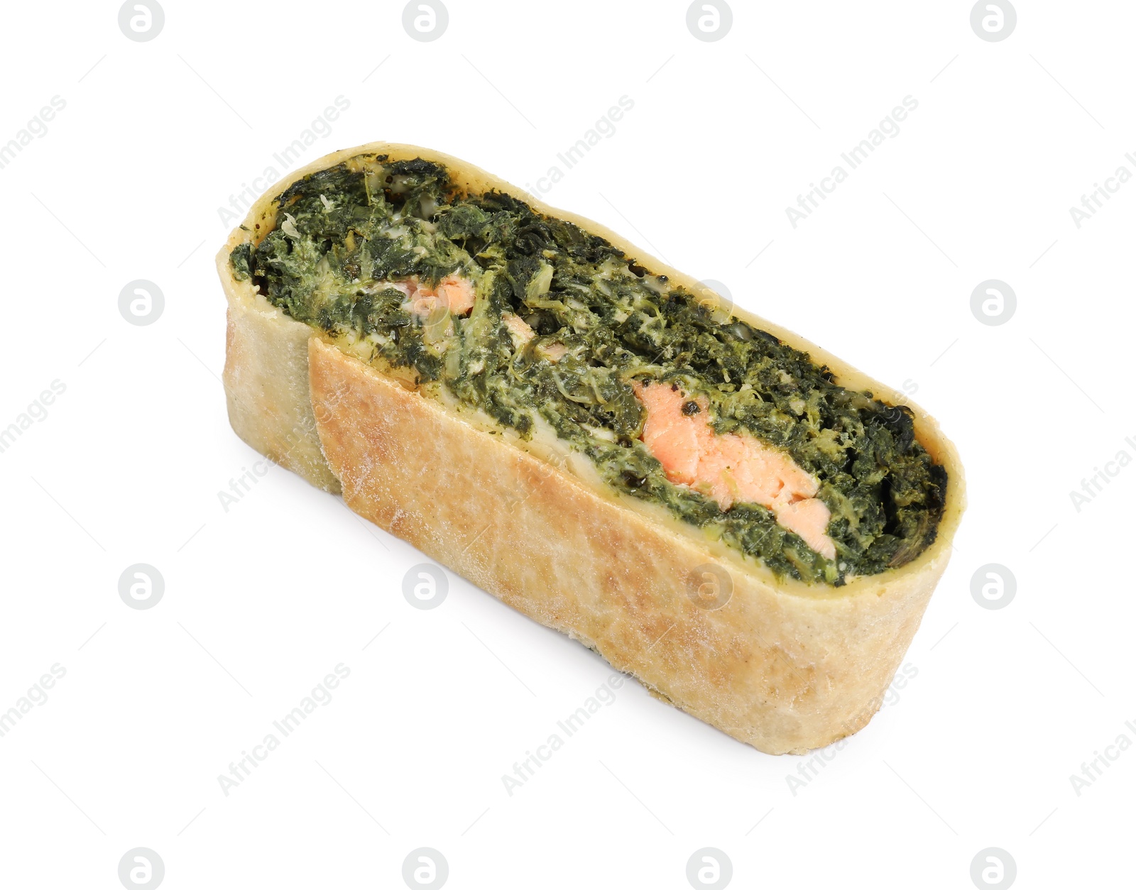 Photo of Piece of delicious strudel with salmon and spinach isolated on white
