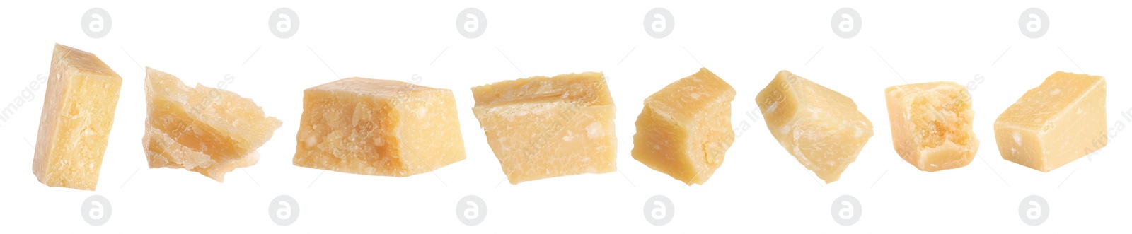 Image of Set with pieces of delicious parmesan cheese on white background. Banner design