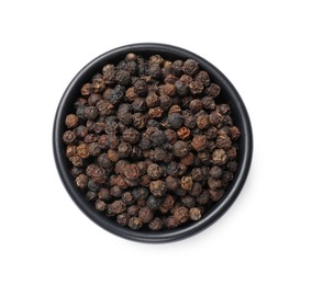 Photo of Aromatic spice. Many black peppercorns in bowl isolated on white, top view