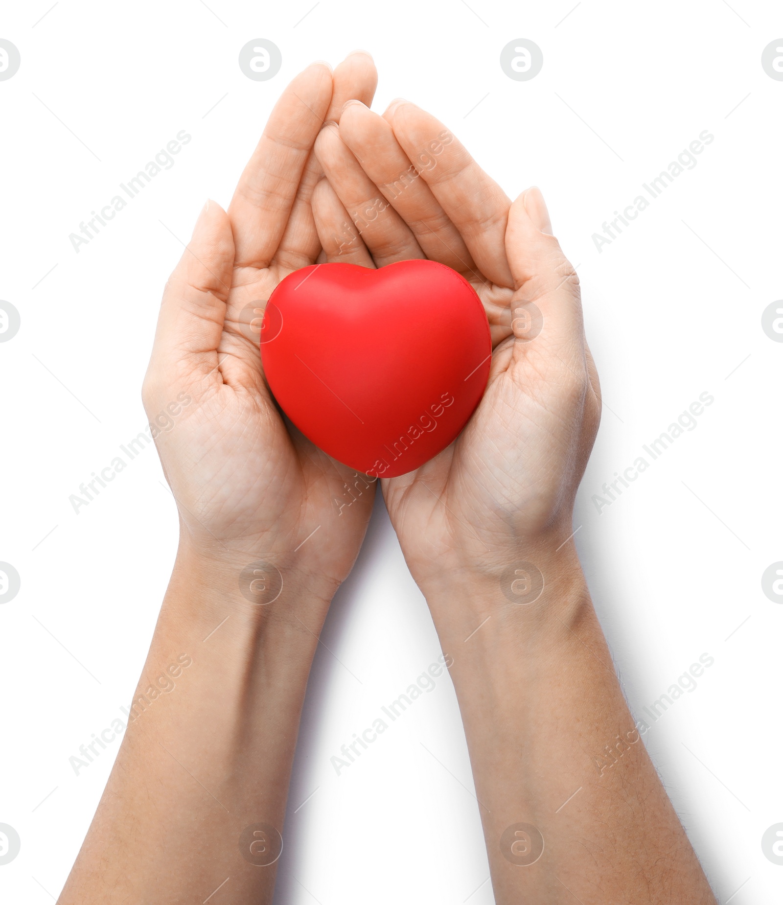 Photo of Woman holding red heart on white background, top view. Cardiology concept
