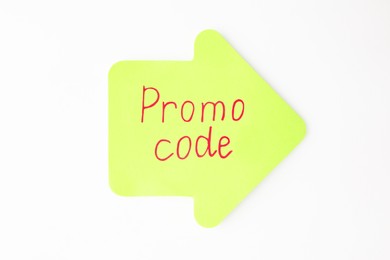 Sticky note with words Promo Code on white background, top view