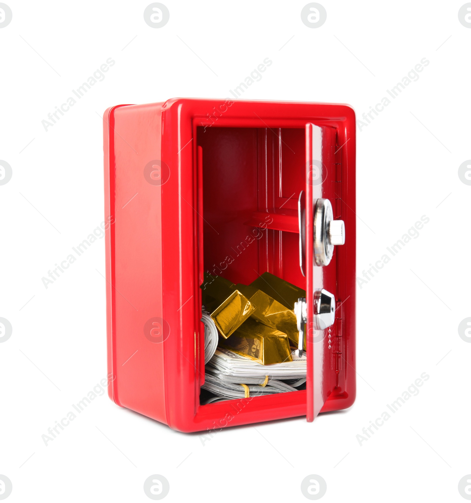 Open steel safe with money and gold bars isolated on white Photo of Open steel safe with money and gold bars isolated on white