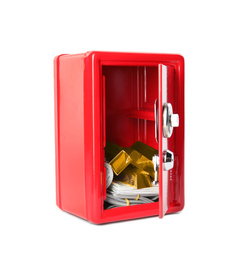 Photo of Open steel safe with money and gold bars isolated on white