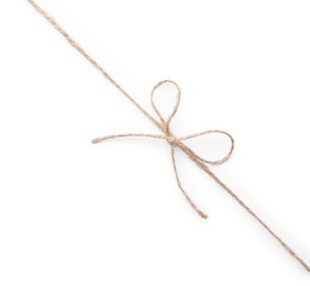 Linen rope string with bow isolated on white, top view