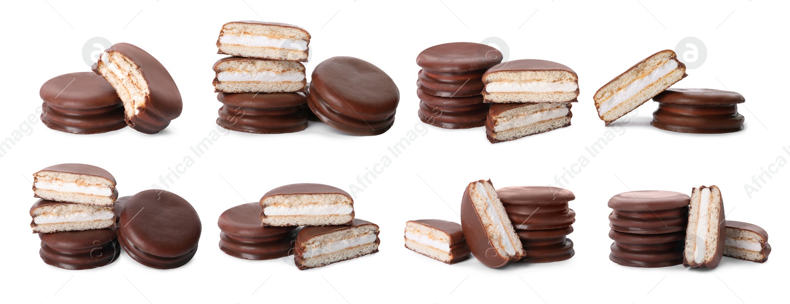 Image of Set with tasty choco pies on white background. Banner design