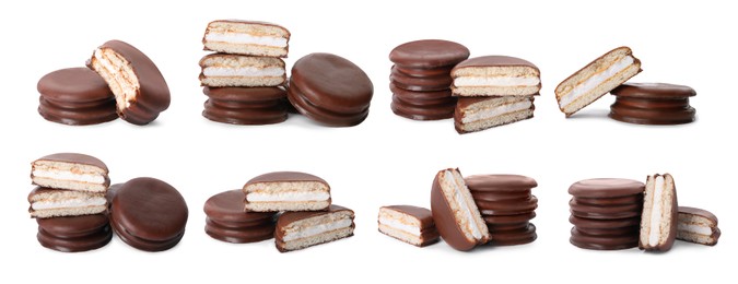 Set with tasty choco pies on white background. Banner design