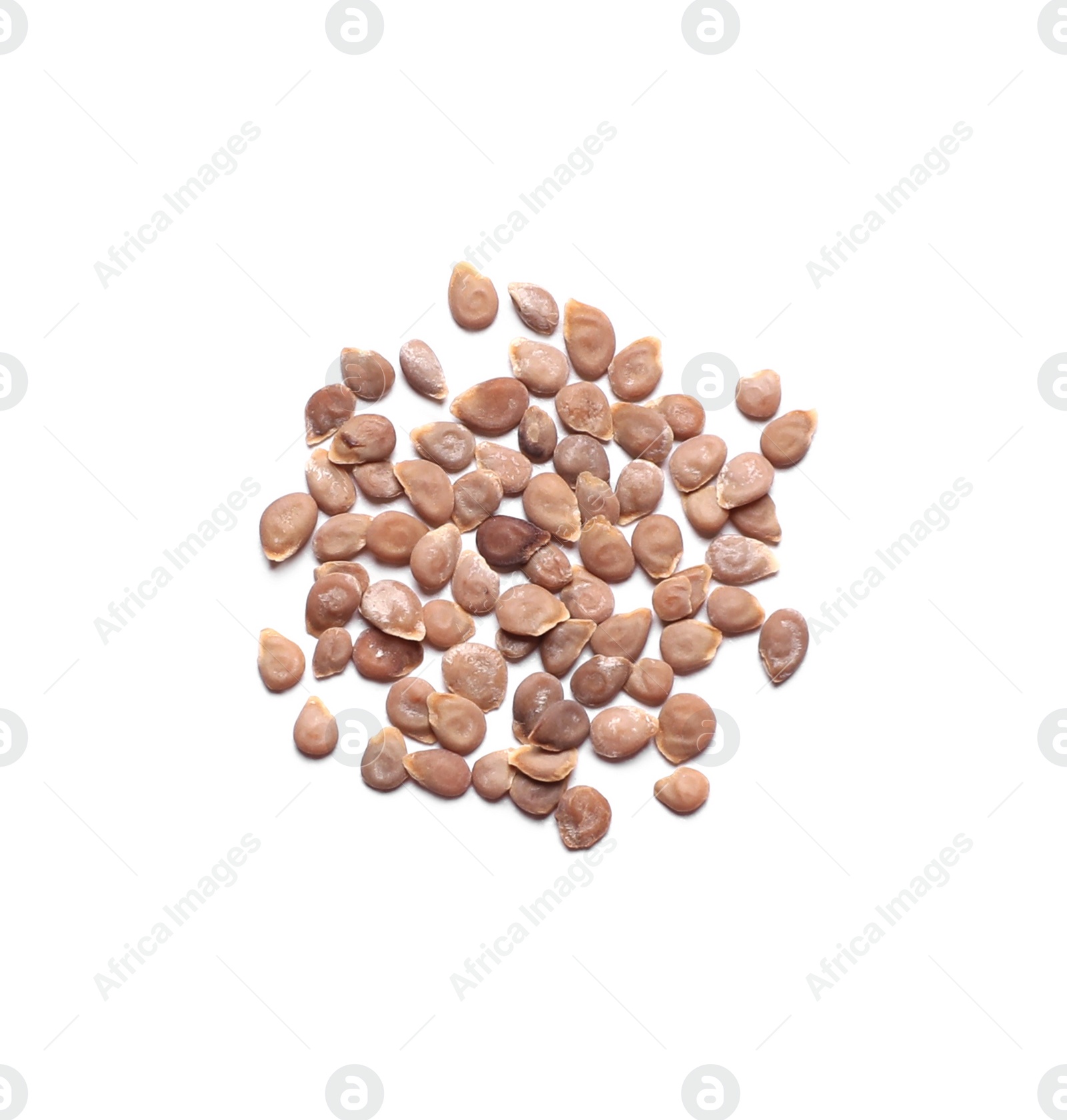 Photo of Pile of tomato seeds on white background, top view