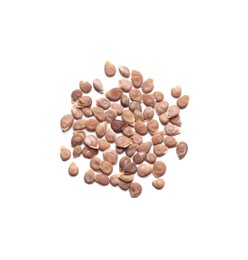 Pile of tomato seeds on white background, top view