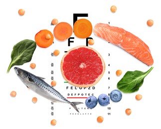 Image of Shape of eye made of food products on vision test chart, top view