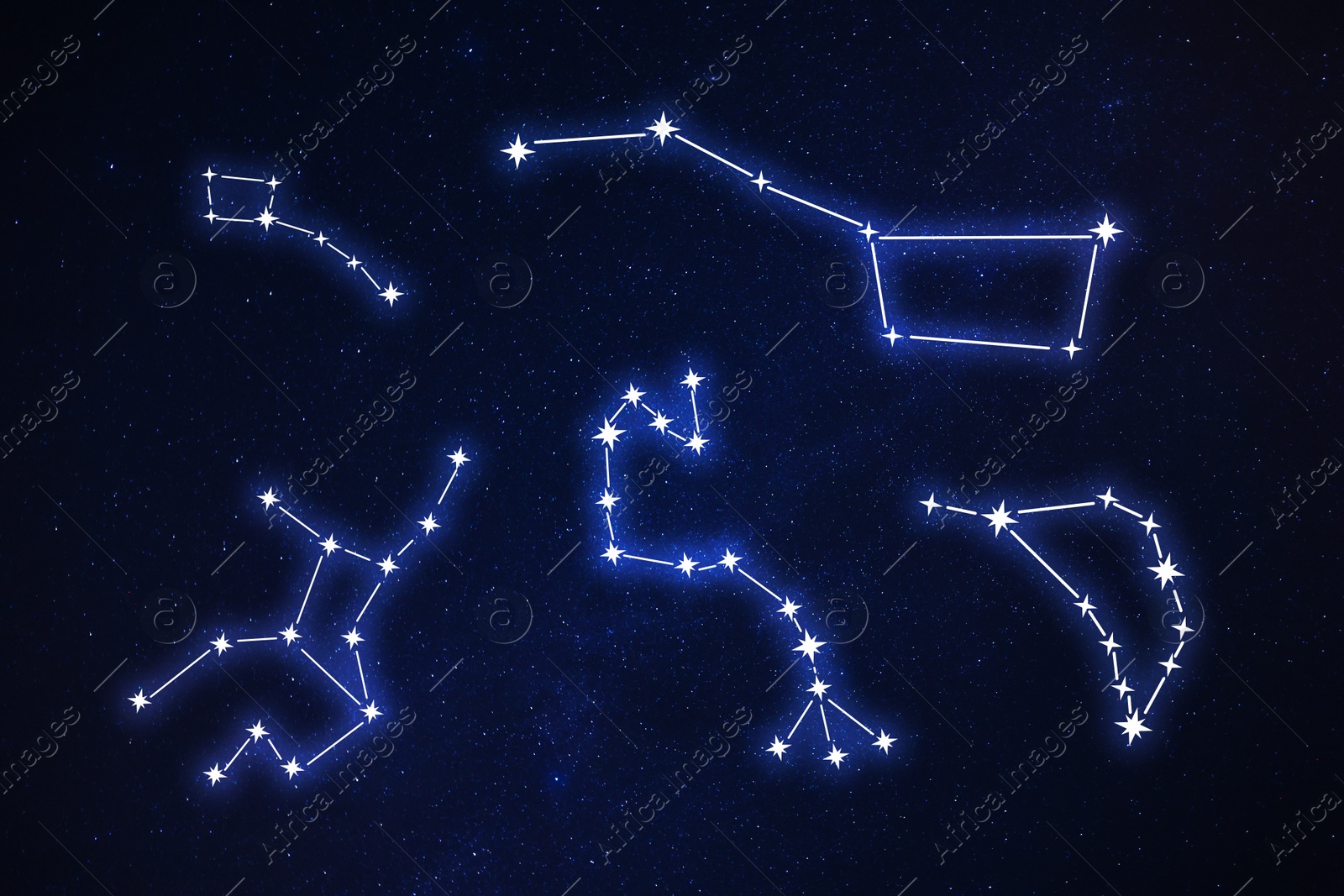 Image of Set with different constellation stick figure patterns in starry night sky