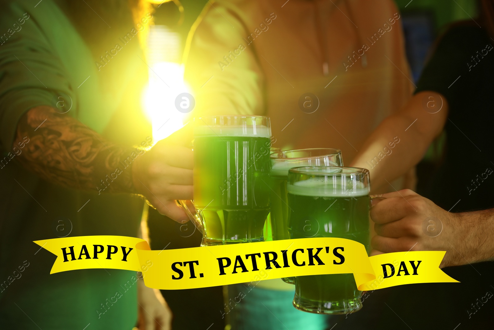 Image of Group of friends toasting with green beer in pub, closeup. St. Patrick's Day celebration