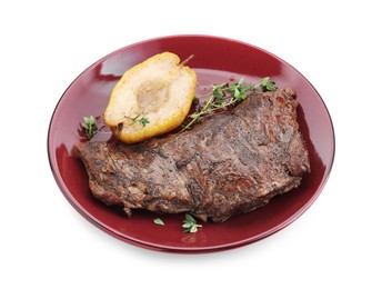 Photo of Delicious roasted beef meat, caramelized pear and thyme isolated on white