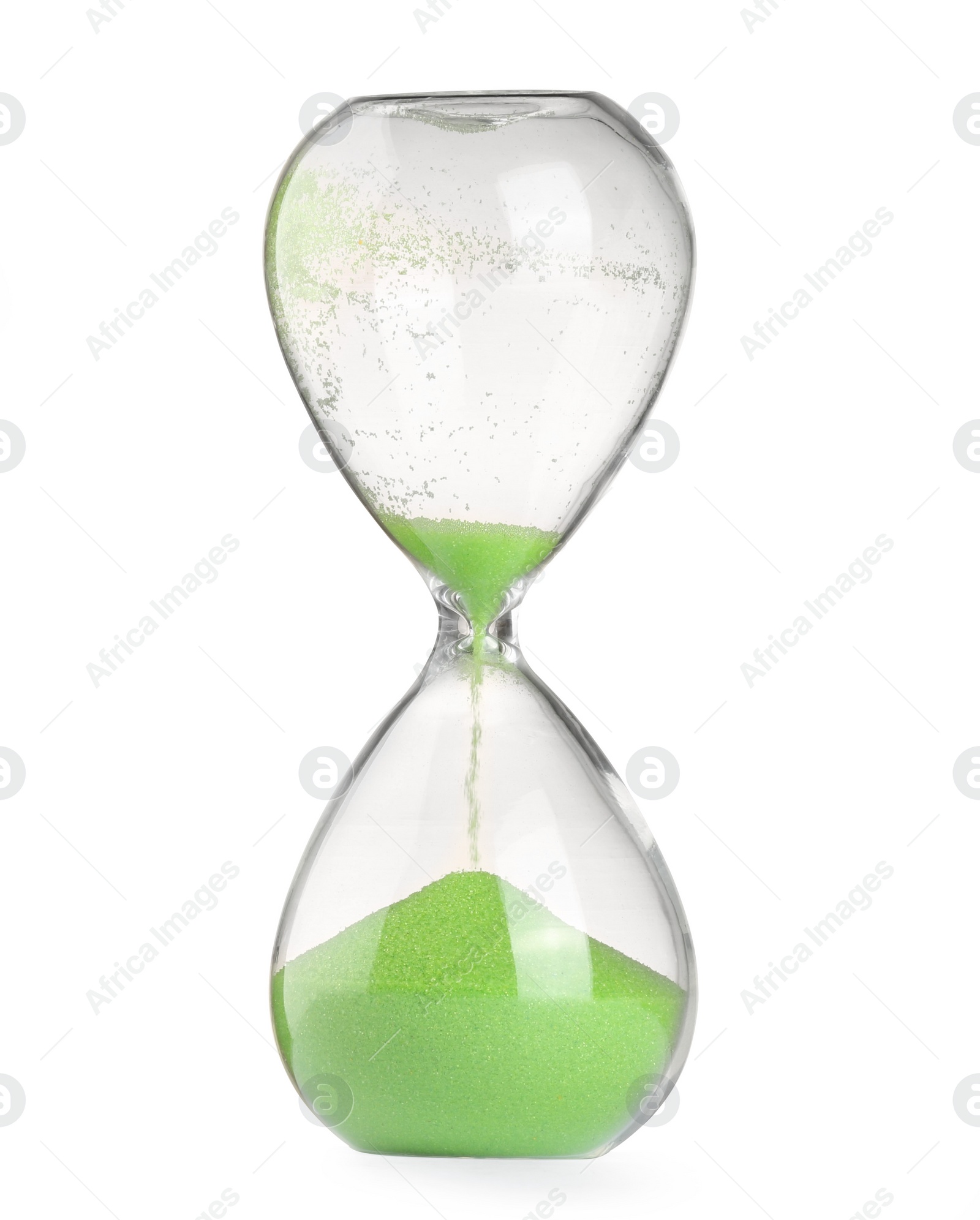 Photo of Hourglass with light green flowing sand isolated on white