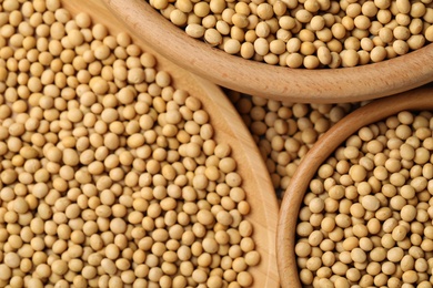 Natural soy beans in bowls as background, top view