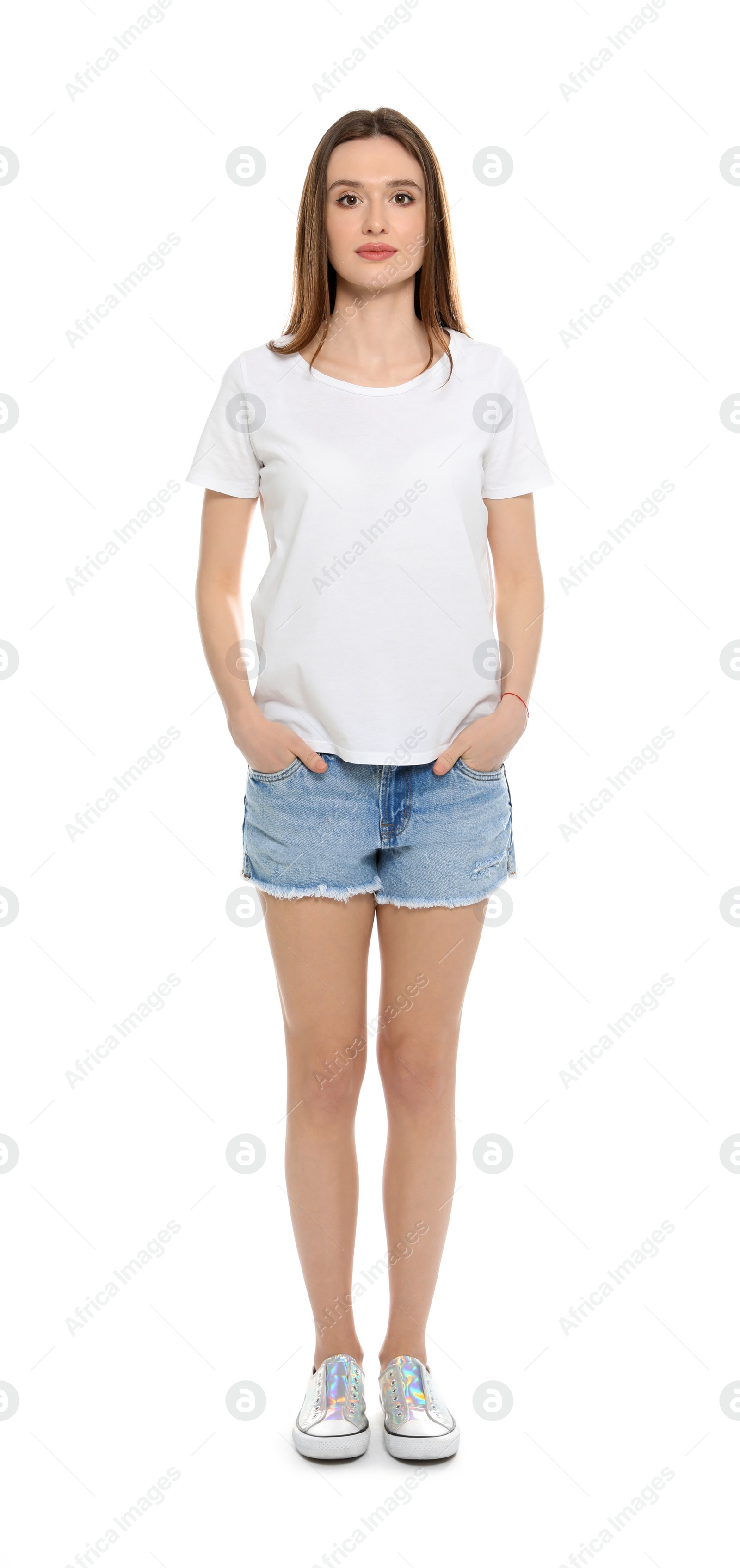 Photo of Young woman in t-shirt on white background. Mock up for design