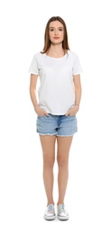 Young woman in t-shirt on white background. Mock up for design