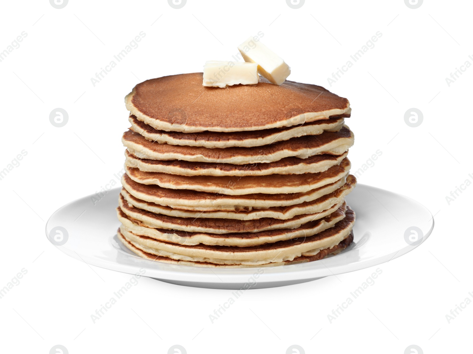 Photo of Stack of tasty pancakes with butter on white background