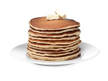 Stack of tasty pancakes with butter on white background