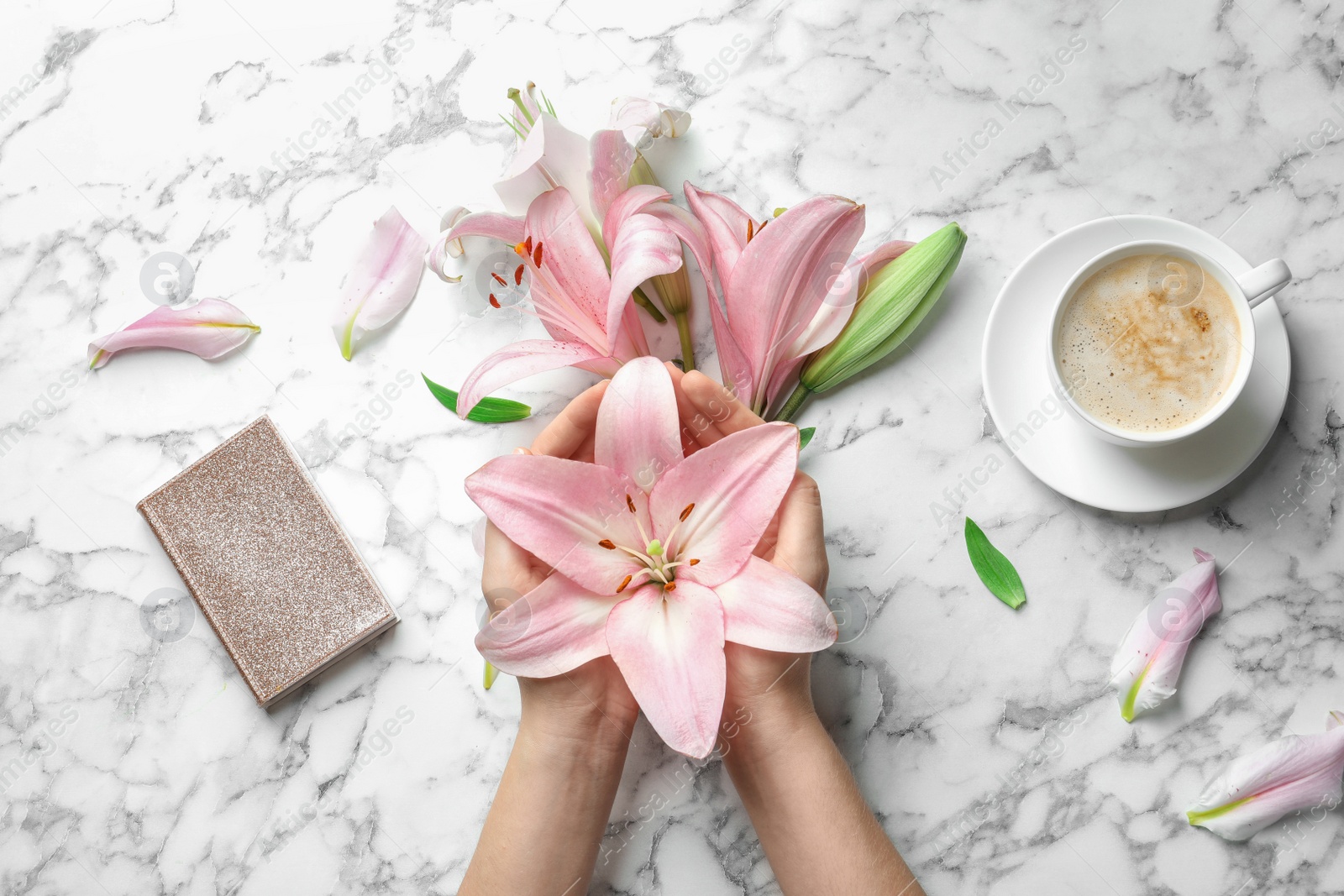 Photo of Woman with beautiful lily flowers on marble background, top view