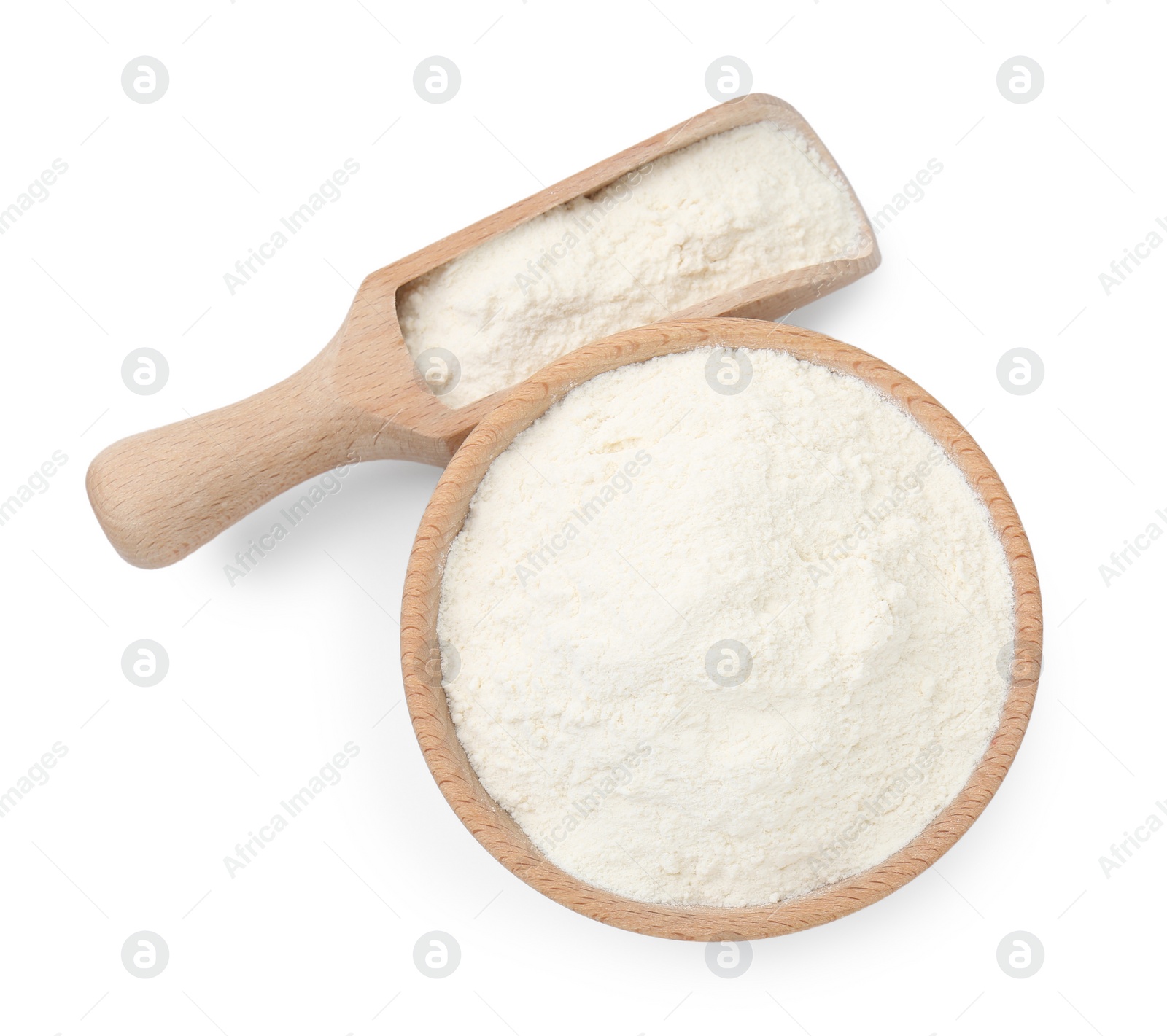 Photo of Baking powder in bowl and scoop isolated on white, top view