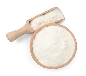 Photo of Baking powder in bowl and scoop isolated on white, top view