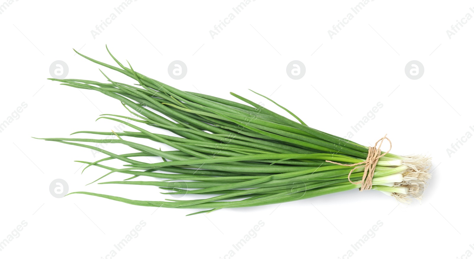 Photo of Fresh green spring onions isolated on white, top view