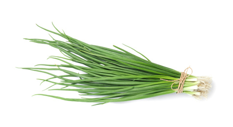 Photo of Fresh green spring onions isolated on white, top view