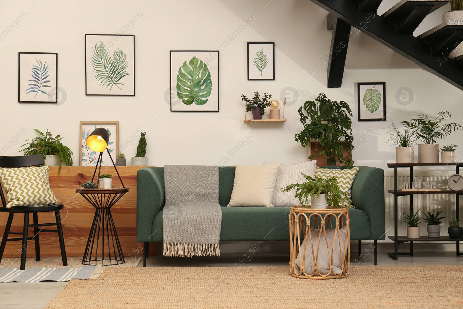 Photo of Stylish living room interior with comfortable sofa and green plants