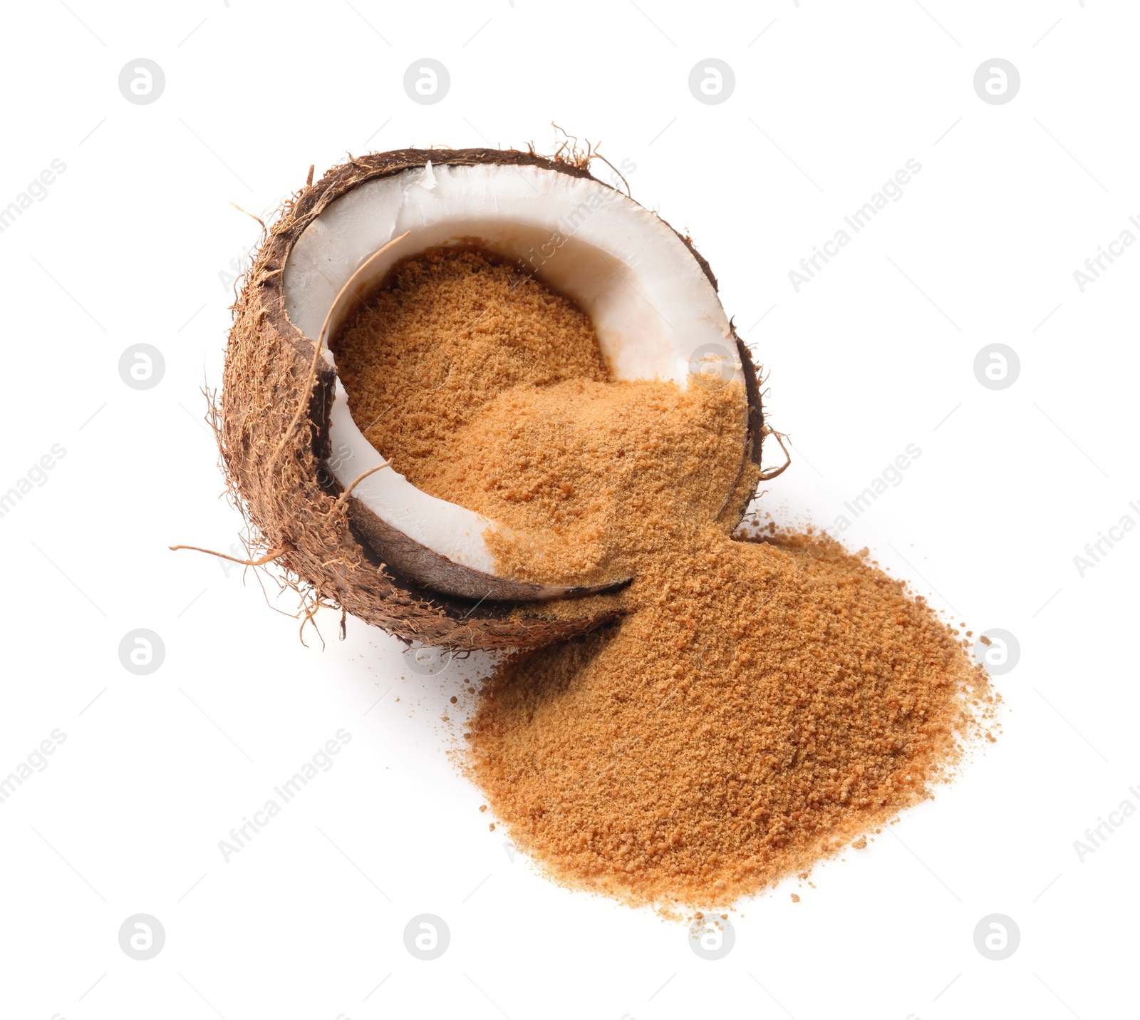 Photo of Coconut sugar and fruit isolated on white