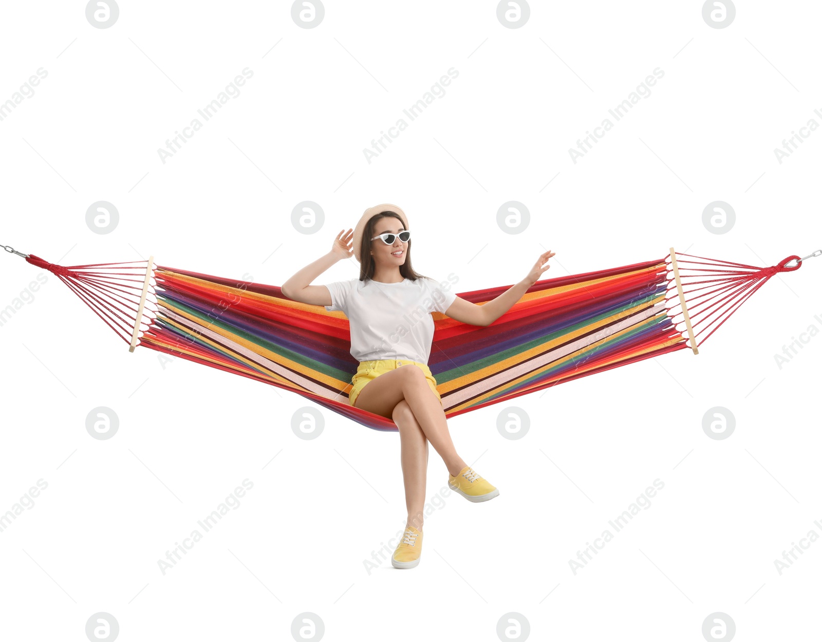 Photo of Woman resting in hammock on white background