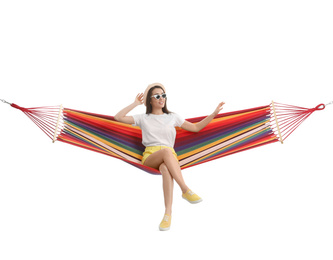 Woman resting in hammock on white background