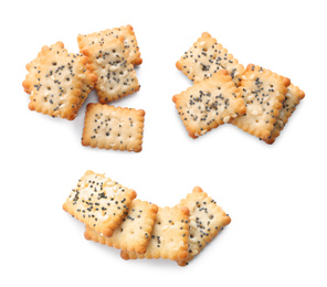 Image of Set of tasty crispy crackers with poppy and sesame seeds on white background, top view