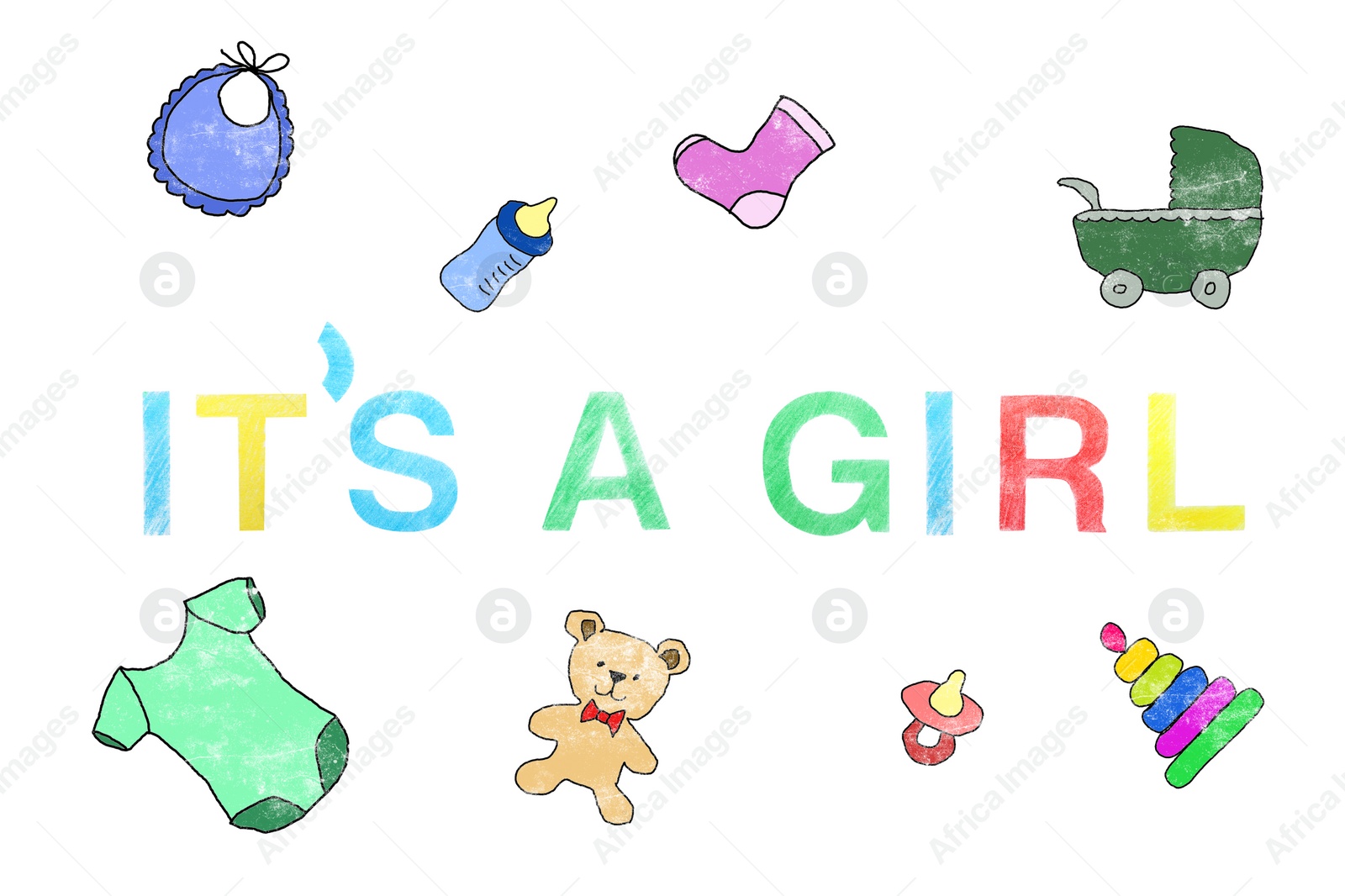 Image of Different drawings and phrase ITS A GIRL written on white background. Baby shower party