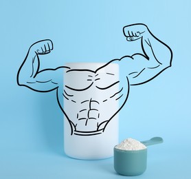 Amino acid powder on light blue background. Plastic jar with illustration of bodybuilder