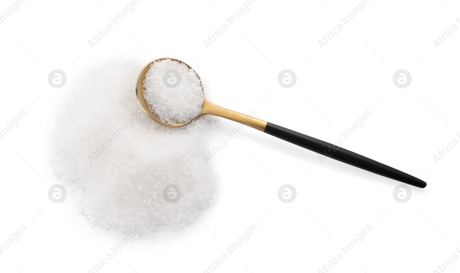 Photo of Granulated sugar with spoon on white background