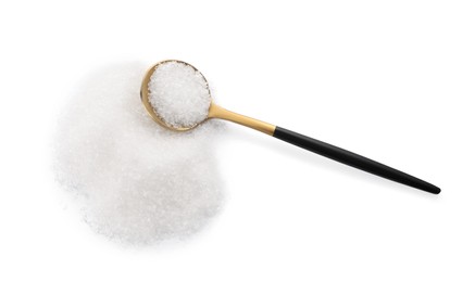 Granulated sugar with spoon on white background