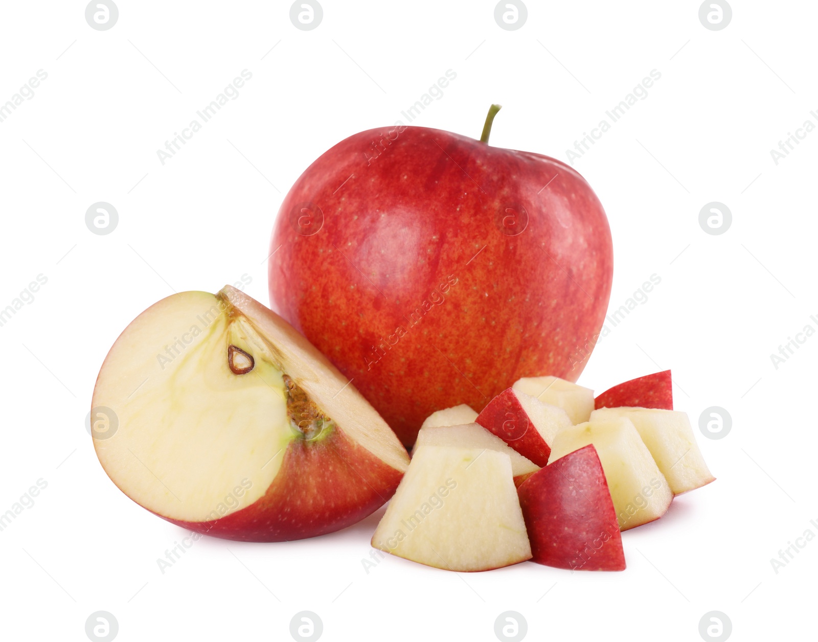 Photo of Whole and cut apples on white background