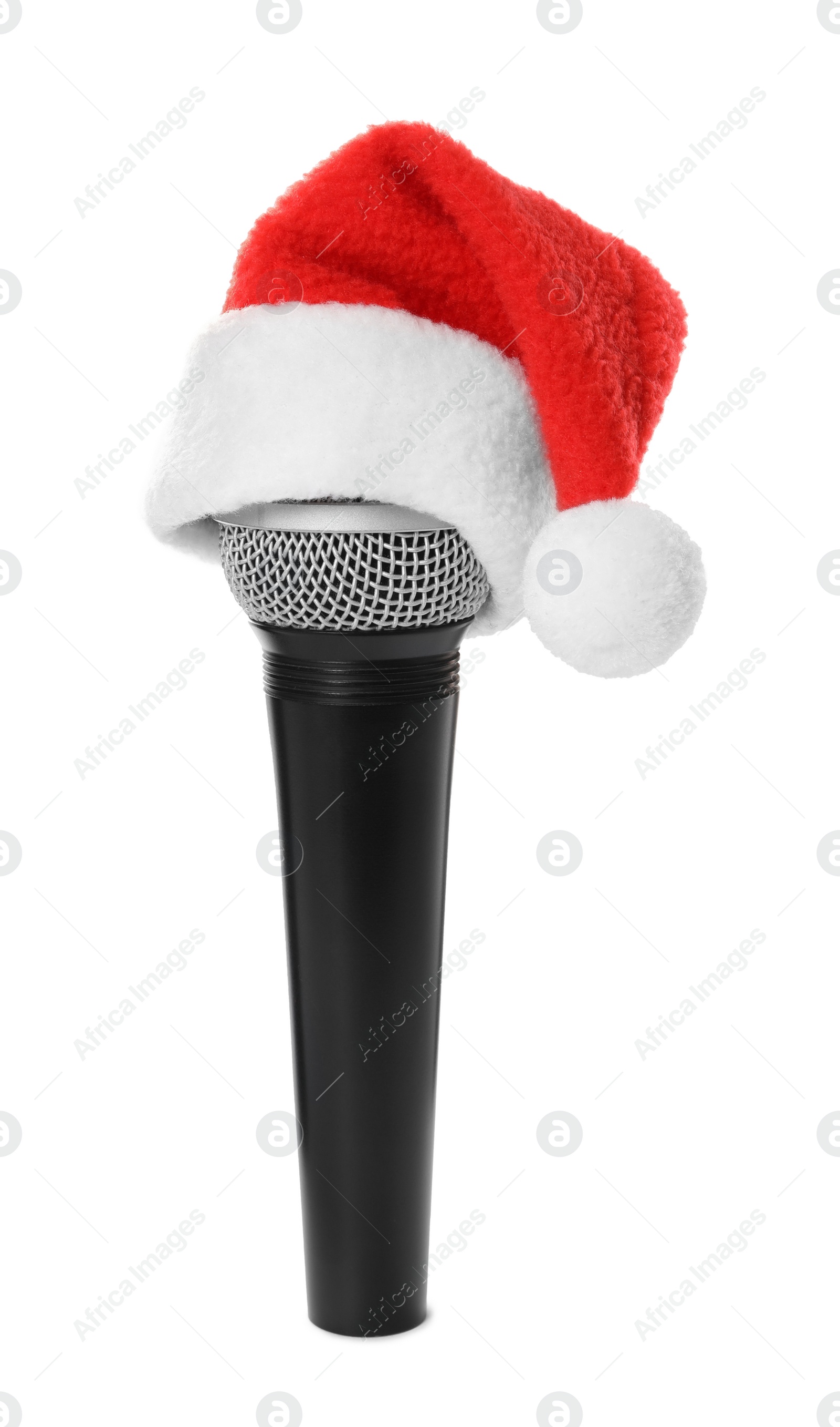 Photo of Microphone with Santa hat isolated on white. Christmas music