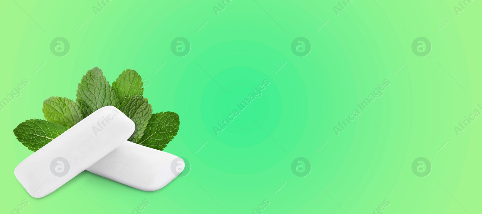 Image of Menthol chewing gum pillows and mint leaves on green gradient background, space for text. Banner design