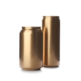 Tin cans with beverages on white background