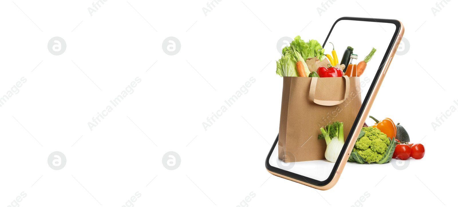 Image of Online shopping. Paper bag with food products in smartphone on white background