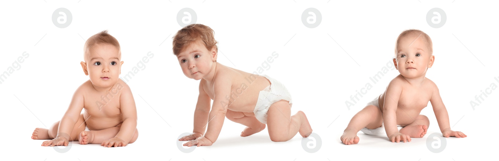 Image of Collage of cute little babies on white background