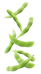 Many green edamame pods falling on white background