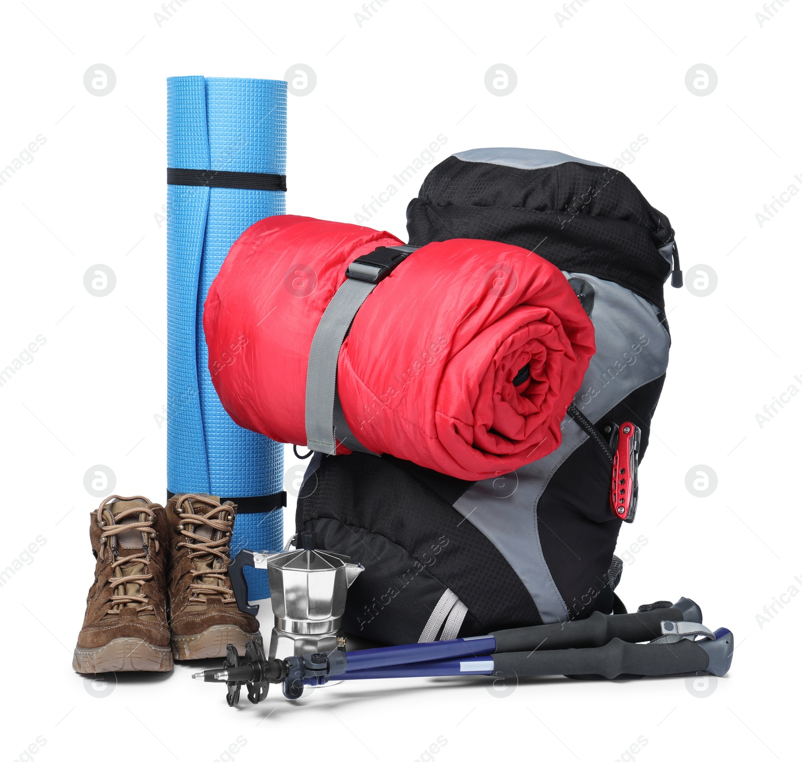 Photo of Set of camping equipment for tourist on white background