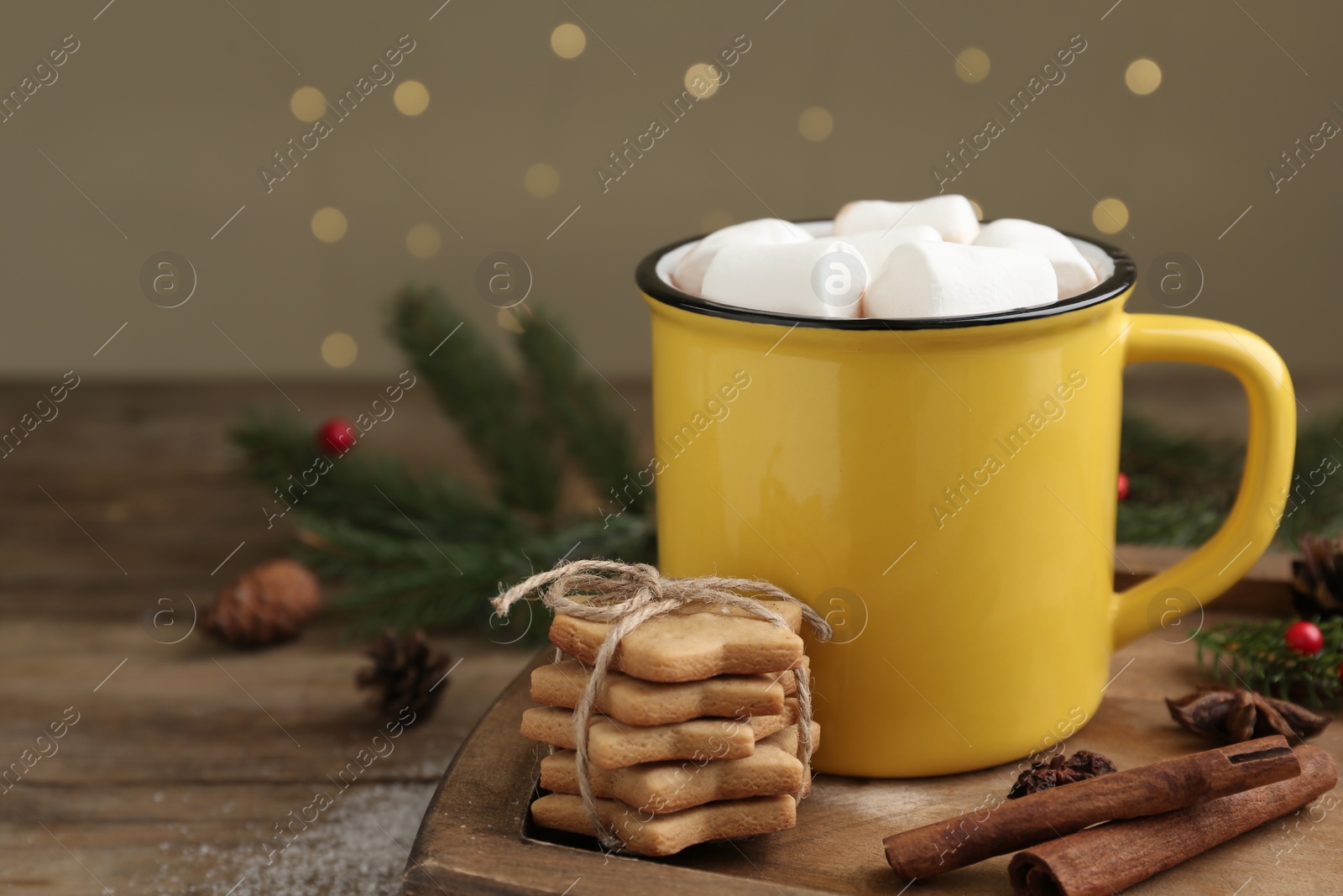 Photo of Composition with delicious marshmallow cocoa on wooden table
