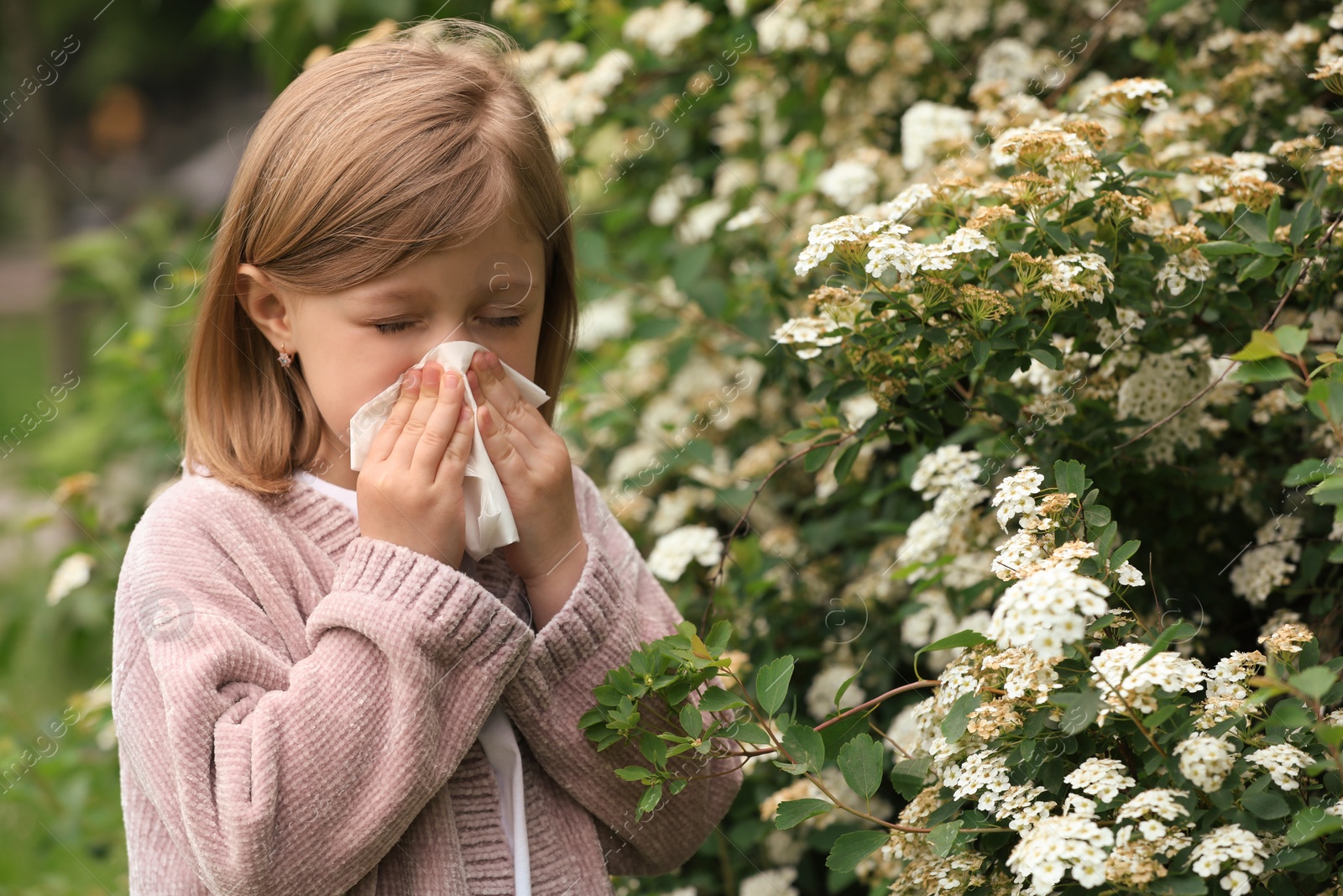 Photo of Little girl suffering from seasonal pollen allergy near blossoming tree on spring day