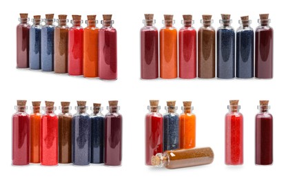 Image of Many different powdered food coloring in bottles isolated on white, collage design